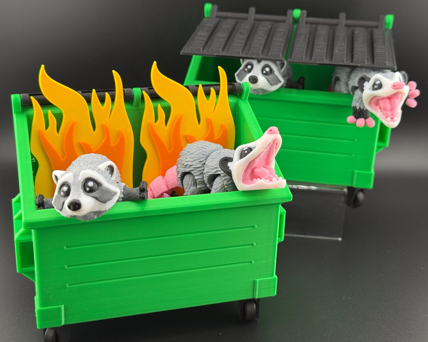 Trash Panda Dumpster Fidget Set | 3D Printed Articulated Raccoon and Opossum | Desktop Dumpster Fire Pen Holder | Unique Desk Decor