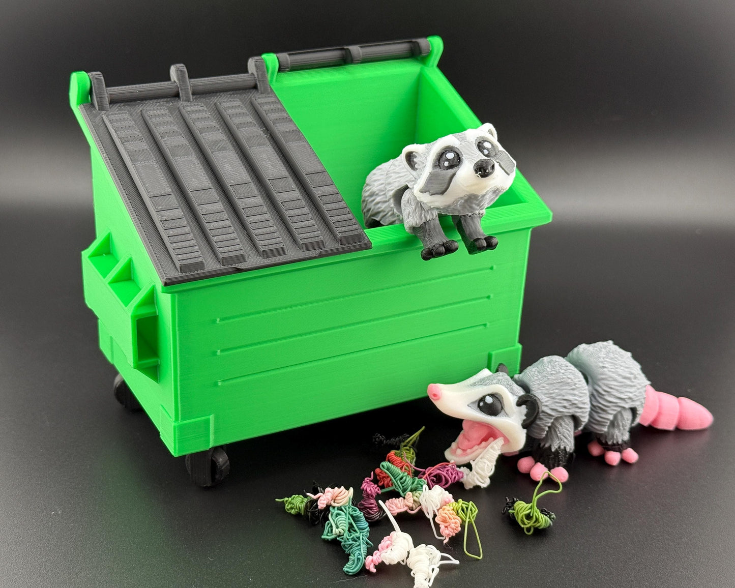 Trash Panda Dumpster Fidget Set | 3D Printed Articulated Raccoon and Opossum | Desktop Dumpster Fire Pen Holder | Unique Desk Decor