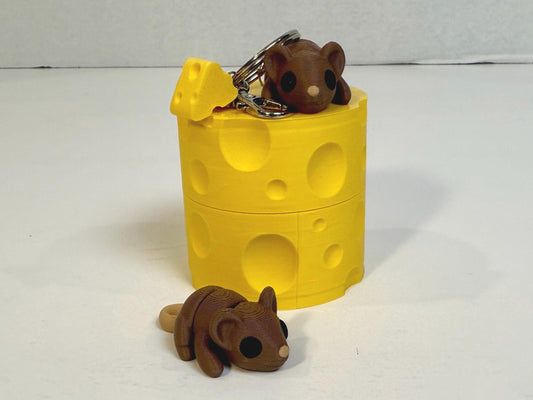 Mouse Fidget Toy & Keychain Set with Cheese Box | ZOU3D | Flexi Articulated Sensory Fidget Animals | 3D Printed Fidget Toy | Baby Animals