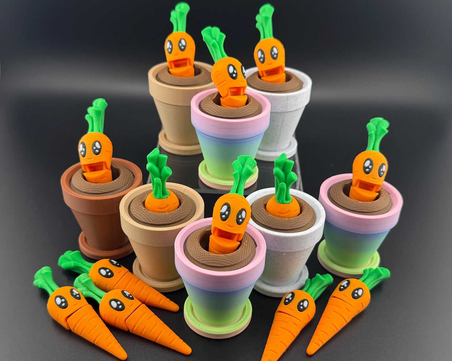 Cute Carrot Fidget Friend with Pot | 3D Printed Articulated Carrot | Flexi Carrot Toy | Choose Your Own Pot Color