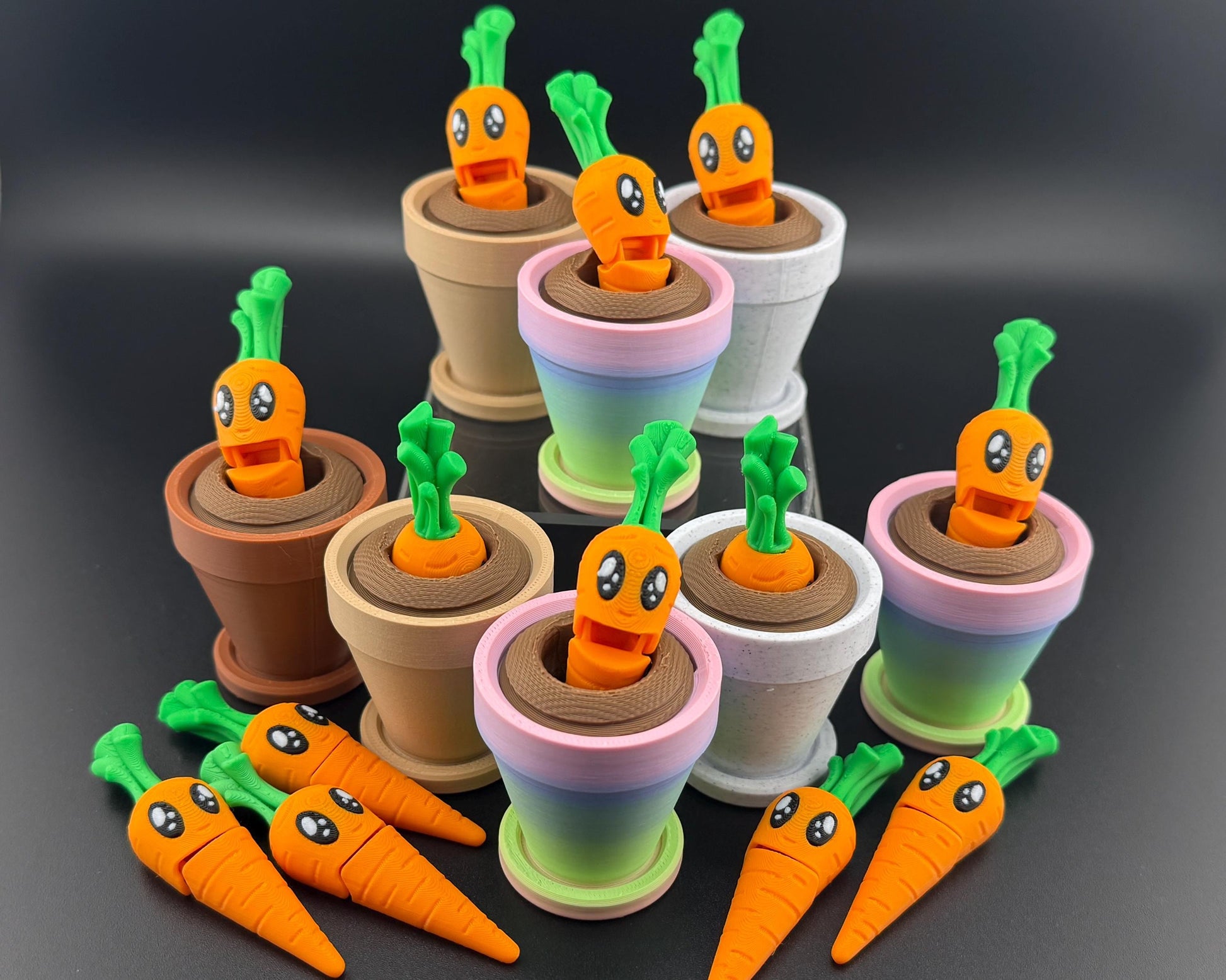 Cute Carrot Fidget Friend with Pot | 3D Printed Articulated Carrot | Flexi Carrot Toy | Choose Your Own Pot Color