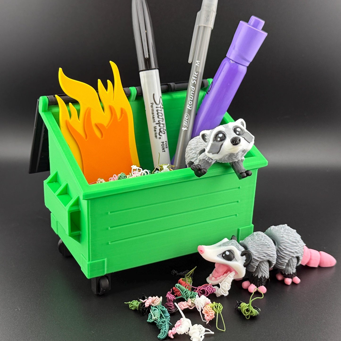 Trash Panda Dumpster Fidget Set | 3D Printed Articulated Raccoon and Opossum | Desktop Dumpster Fire Pen Holder | Unique Desk Decor