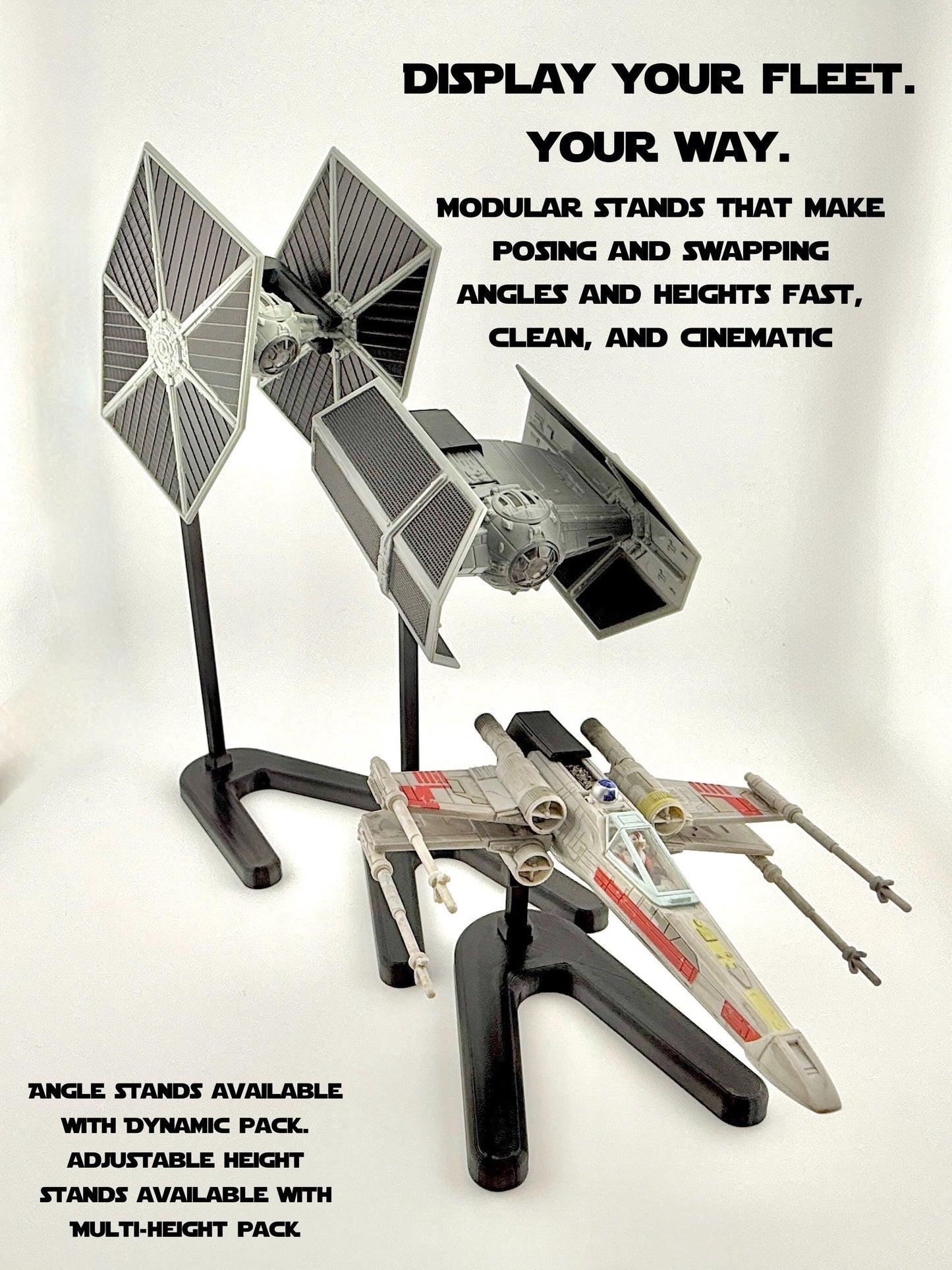 B-Wing Flight Stand – Cosmic Swap Modular Display System for Micro Galaxy Squadron | Fixed-Height, Multi-Height, and Dynamic Packs