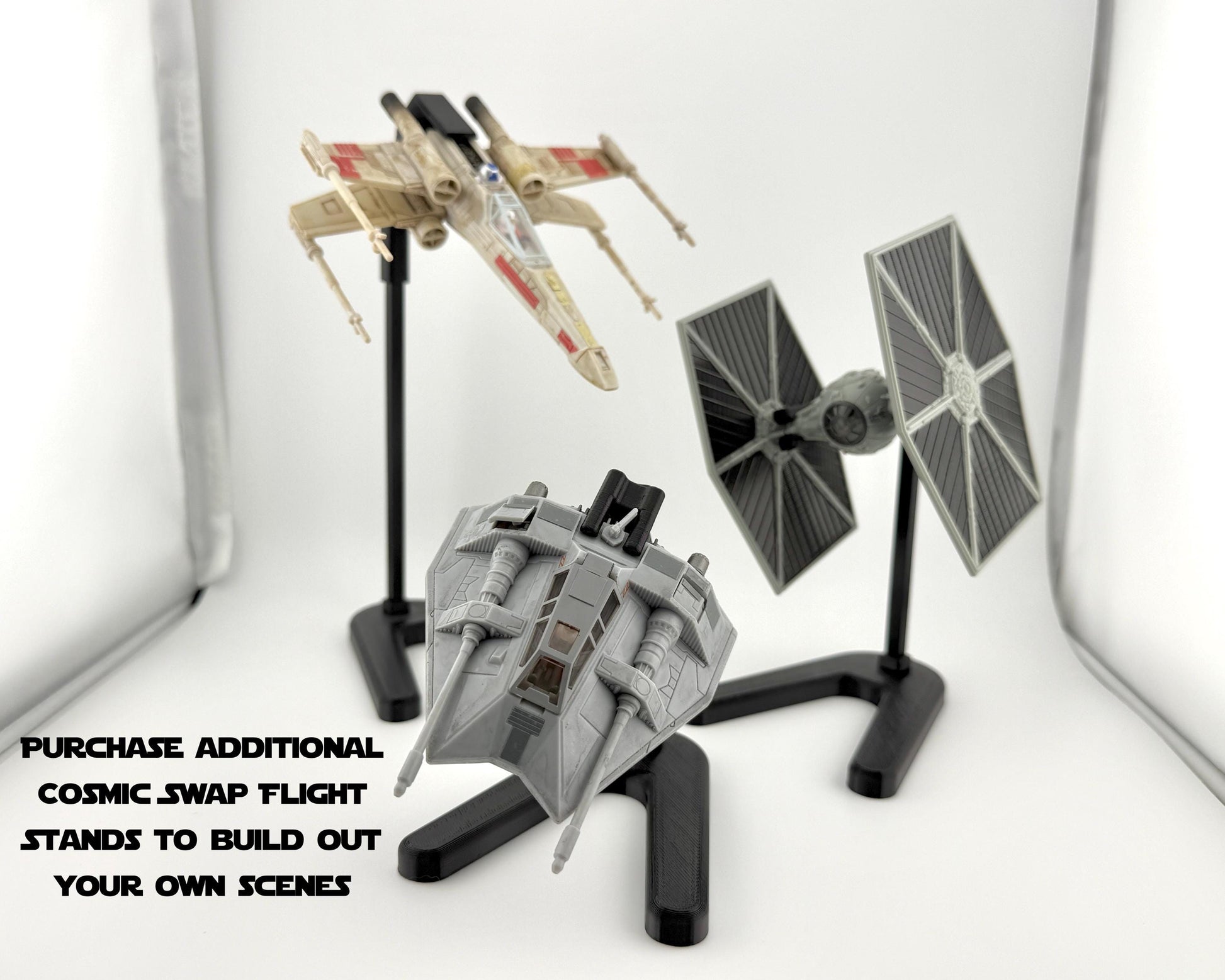 Snowspeeder Flight Stand for Micro Galaxy Squadron | Cosmic Swap Flight Stands | Fixed-Height, Multi-Height, Dynamic Packs | Black or White