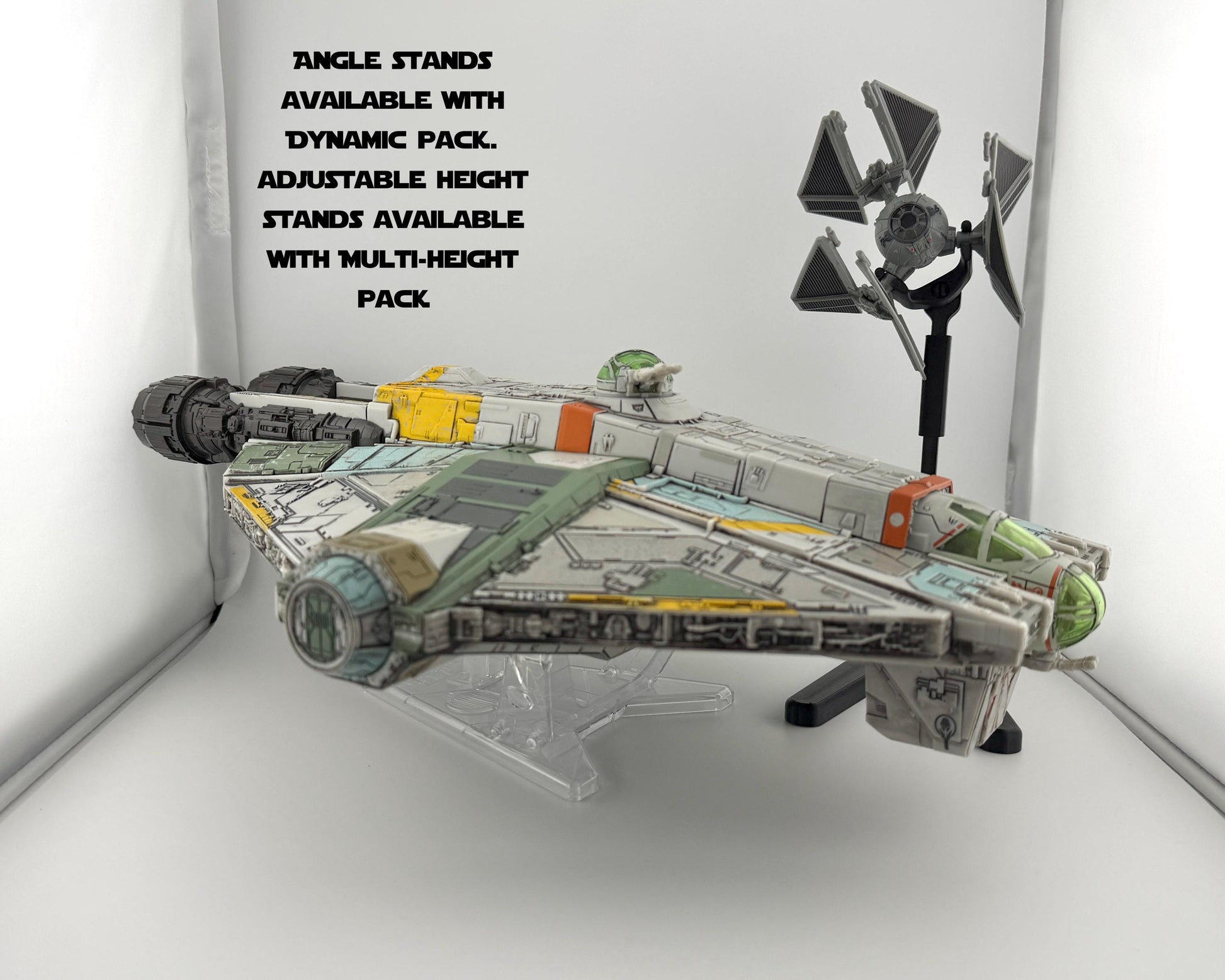 TIE Defender Flight Stand for Micro Galaxy Squadron | Cosmic Swap Flight Stands | Fixed-Height, Multi-Height, Dynamic Packs