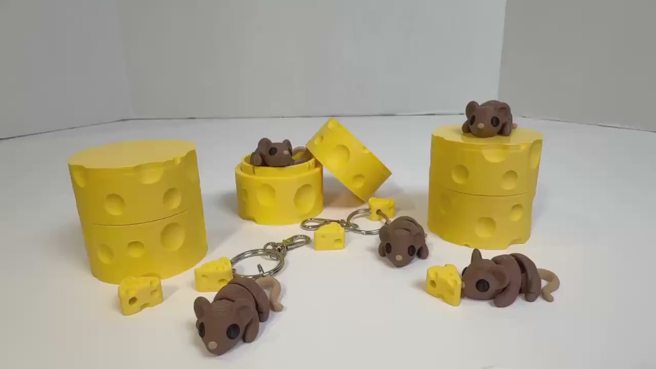 3D Printed Mouse Fidget Toy & Keychain Set with Cheese Box