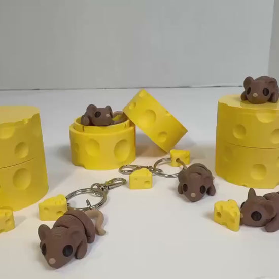 Mouse Fidget Toy & Keychain Set with Cheese Box | ZOU3D | Flexi Articulated Sensory Fidget  Animals | 3D Printed Fidget Toy | Baby Animals