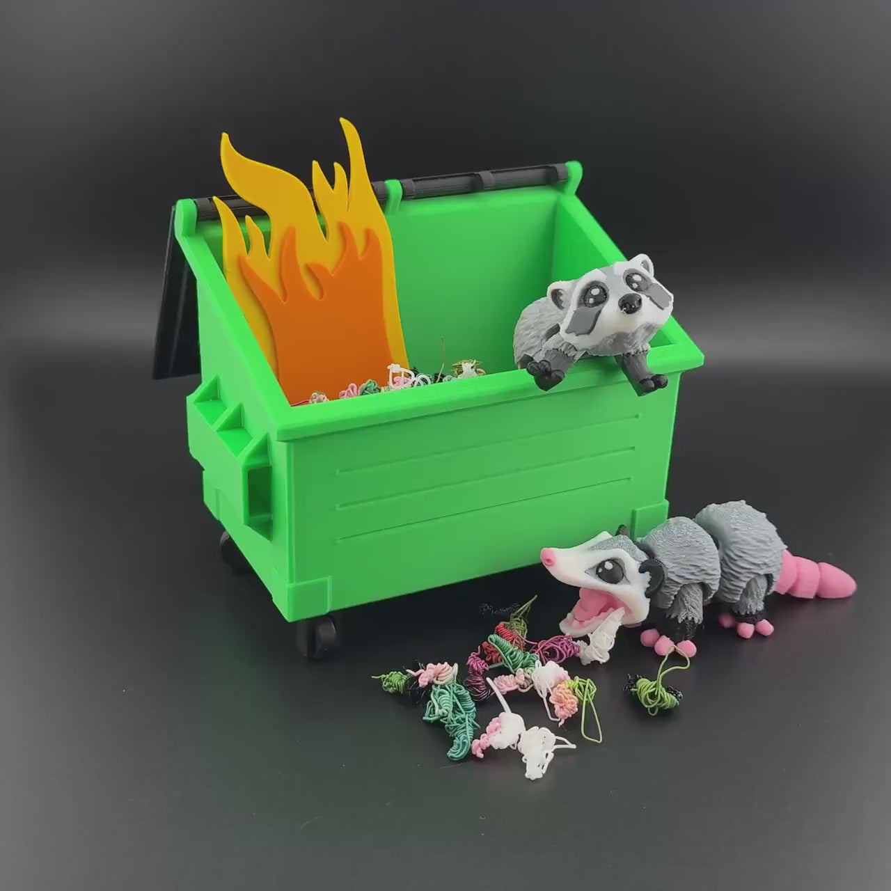 Trash Panda Dumpster Fidget Set | 3D Printed Articulated Raccoon and Opossum | Desktop Dumpster Fire Pen Holder | Unique Desk Decor